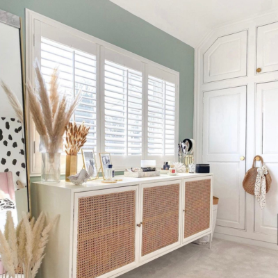 White shutters in a pastel themed dressing room 