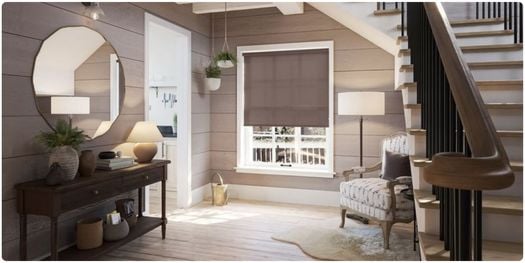 White wooden blinds in a white and wooden dining room