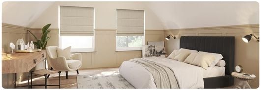 Beige, Roman blinds in a panelled, two-tone neutral bedroom