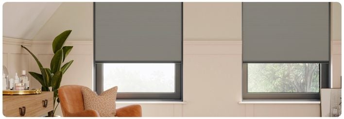 Modern, neutral living room featuring our no-drill shutters