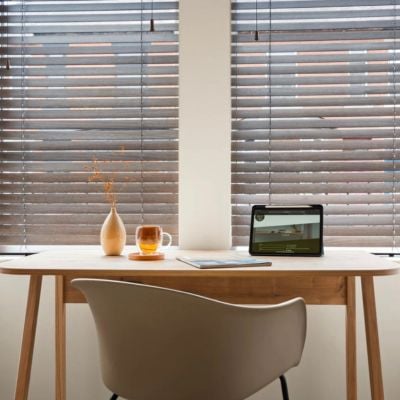 Wooden blinds in a scandi-style office