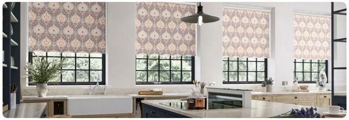 Printed roller blinds in large kitchen windows 