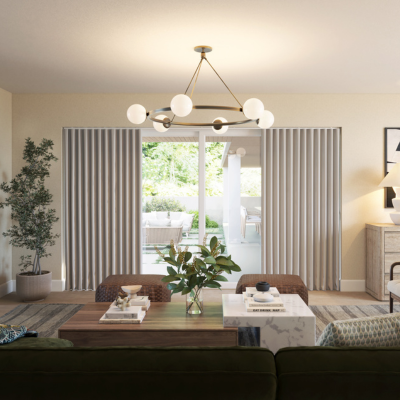 Beige wave curtains over large doors 