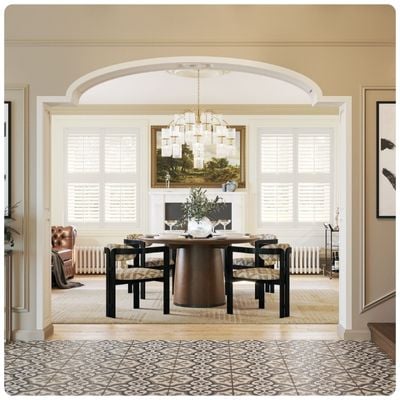 White wooden shutters in dining room 