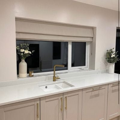 Neutral kitchen with matching Roman Blind