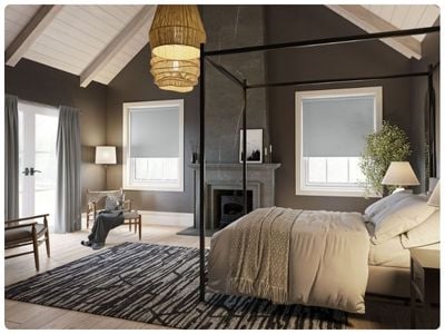 Modern living room with stick-on blinds for patio doors. 