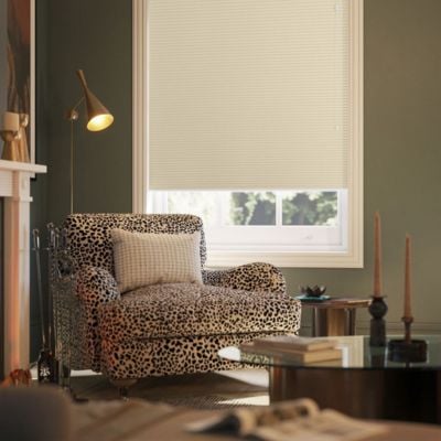 Light cream pleated blind in a green living room