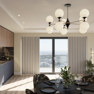 Taupe wave curtains over sliding doors