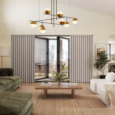 Greige wave curtains over bifold doors 
