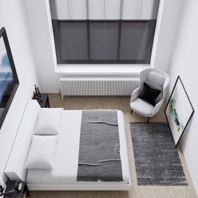 Black aluminium venetian blinds in a large window. 