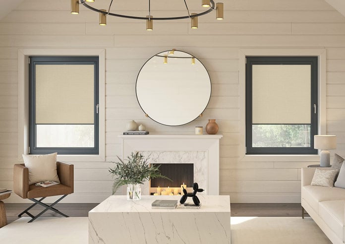 a skylar camel, beige roller blind in a contemporary cream living room