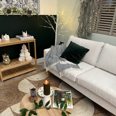 Green and beige Scandi christmas decorated living room.