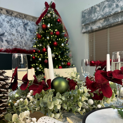 Red and green Christmas table garland.