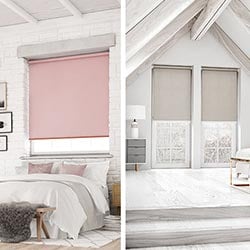 A split image showing a soft pink roller blind on the left, in a bedroom.  On the right side are two grey roller blinds in another bedroom.
