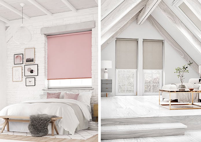 A split image showing a soft pink roller blind on the left, in a bedroom.  On the right side are two grey roller blinds in another bedroom.