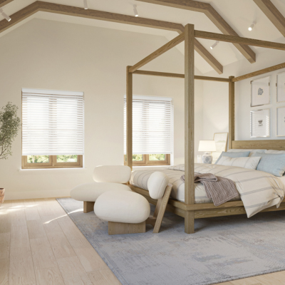 White wooden venetian blinds in a modern bedroom. 