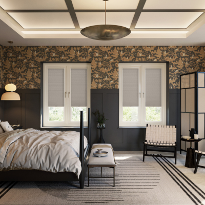 Warm grey stick on blinds on french doors in a modern bedroom.