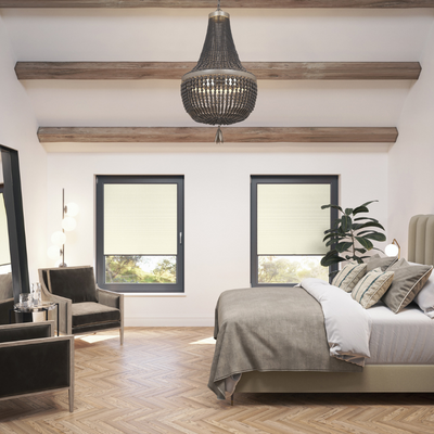 Modern neutral bedroom with no-drill stick on blackout blinds in the windows