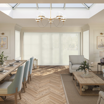 Cream vertical blinds in a large window/sliding door. 
