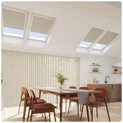 Beige loft blinds on skylight windows in a kitchen