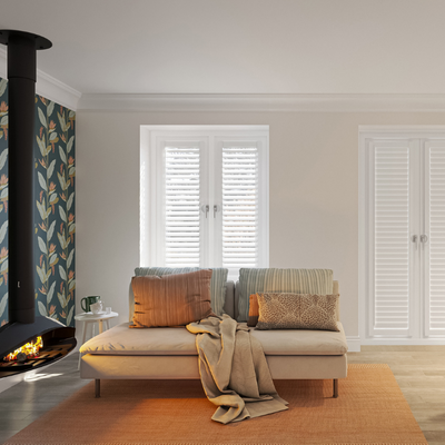 No drill white shutters shown on patio doors in living room 
