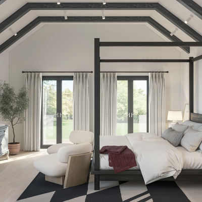 White and grey striped curtains shown hung in a bedroom over patio doors.