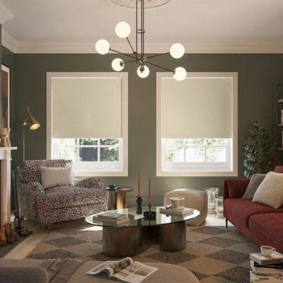 a camel, free-hanging pleated blind in a modern dark green living room. 