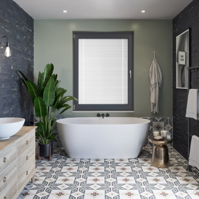 White stick on Venetian blinds in an anthracite frame in a modern bathroom.