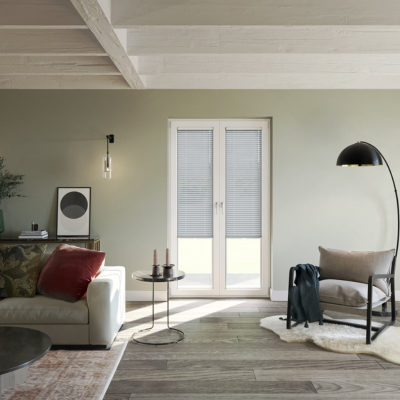 Warm grey Venetian stick on door blinds