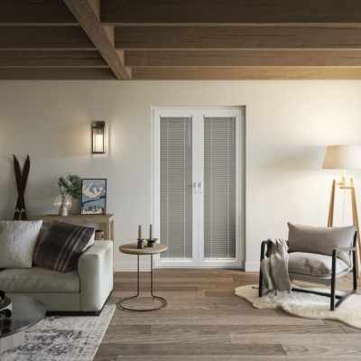 Neutral lounge with stick on no-drill door blinds