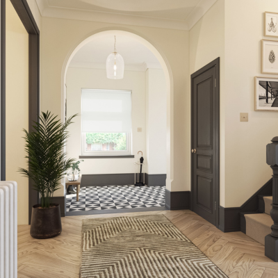 White roller blind in a black and neutral hallway. 