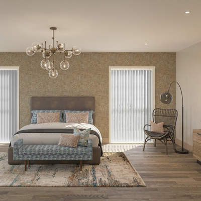Bedroom with vertical blackout blinds in tall windows. 