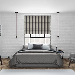 A modern bedroom with a grey striped roman blind