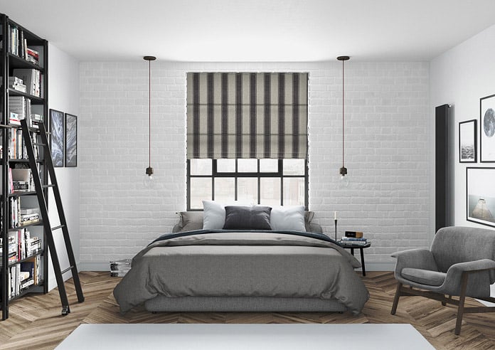 A modern bedroom with a grey striped roman blind
