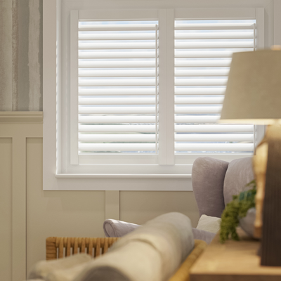 White perfect fit shutters in living room