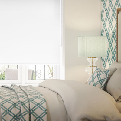 White roller blind in a beige bedroom. 