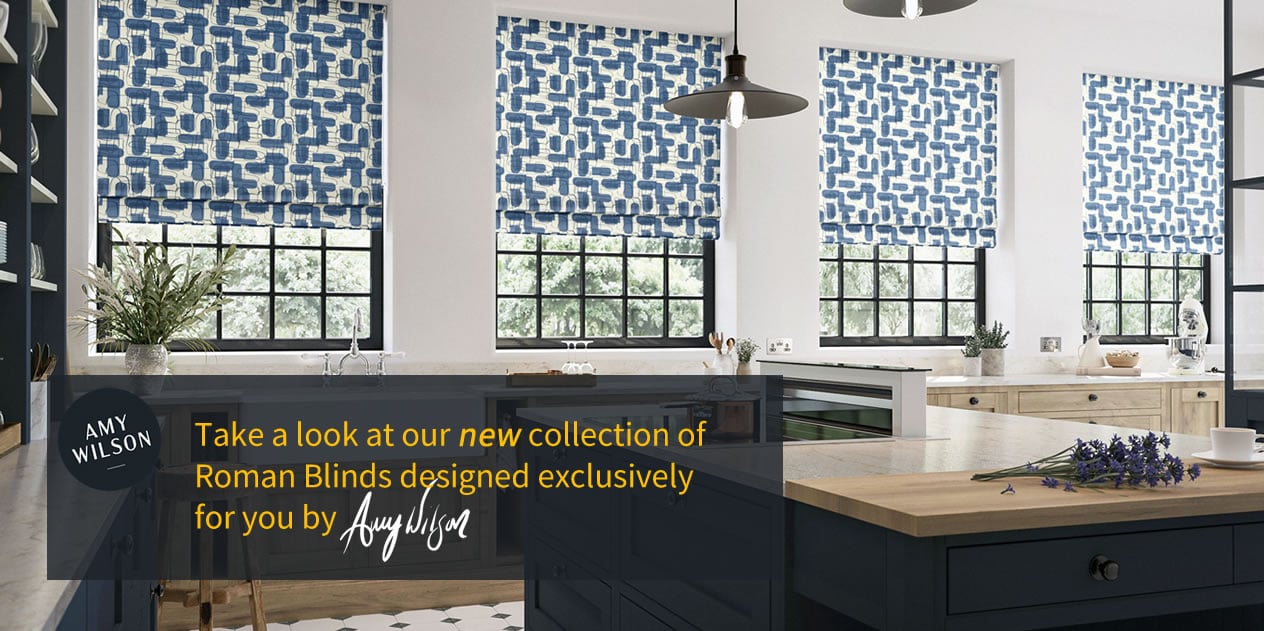 A banner showing the amy wilson collection in a kitchen window 