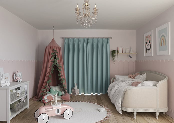 Closed blue curtain in a childrens room