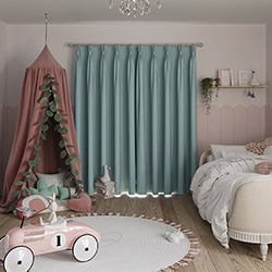 Closed blue curtain in a childrens room