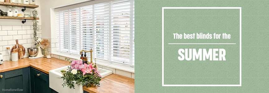 Blog banner with the title and an image of a wooden blind in a kitchen