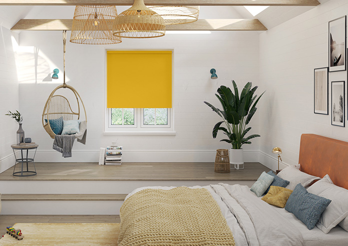 A yellow roller blind is shown in a scandi themed bedroom