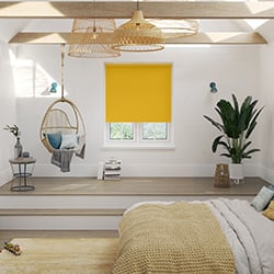 A yellow roller blind is shown in a scandi themed bedroom