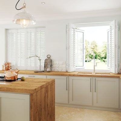 White Plantation-style shutters in a modern, country kitchen 