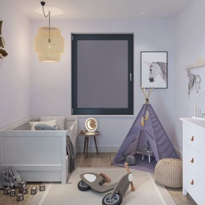 Purple pleated no drill blackout blind in a pale purple children's bedroom 