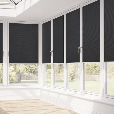 Black pleated thermal blinds fitted to conservatory windows 