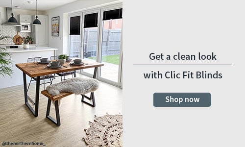 Clip Fit banner with a set of black clic fit pleated blinds in a kitchen dining room