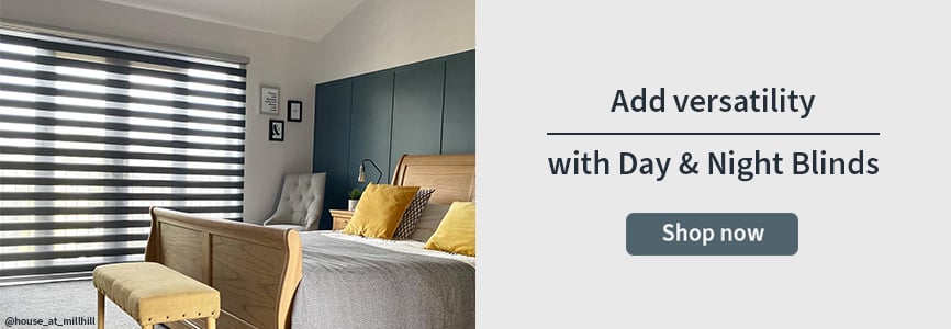Day & Night banner with Customer image of a Day & Night blind in a bedroom