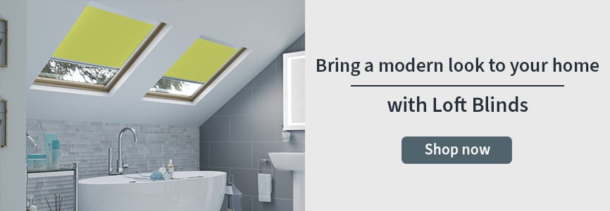 Loft blind banner with two green loft blinds in a bathroom