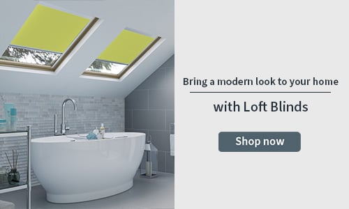 Loft blind banner with two green loft blinds in a bathroom