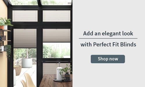 Perfect fit blind banner with multiple perfect fit pleated blind in a conservatory